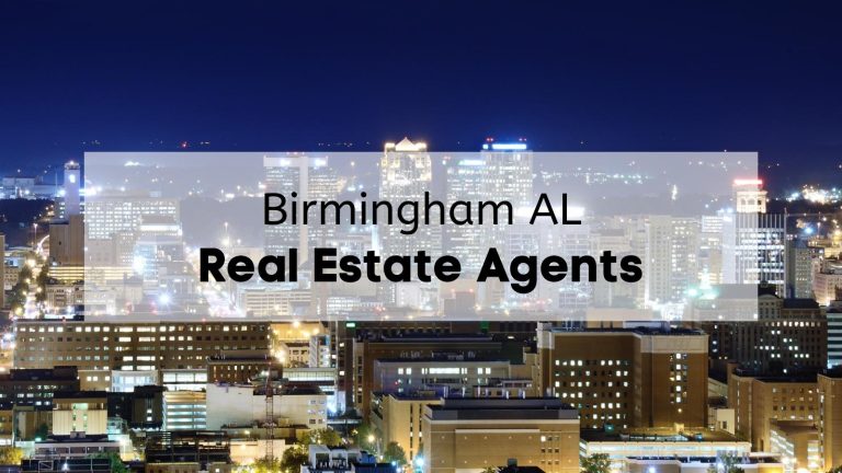 Buildings in Downtown Birmingham at night, with the text, "Birmingham AL Real Estate Agents," overlaid
